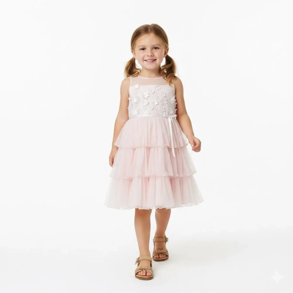 Jona Michelle Pink Tiered Embellished Girls Formal Pink Sleeveless Dress SZ 5